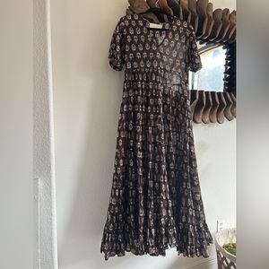 Daughters of India maxi sheer brown short sleeve v neck heavy ruffle dress Sz S